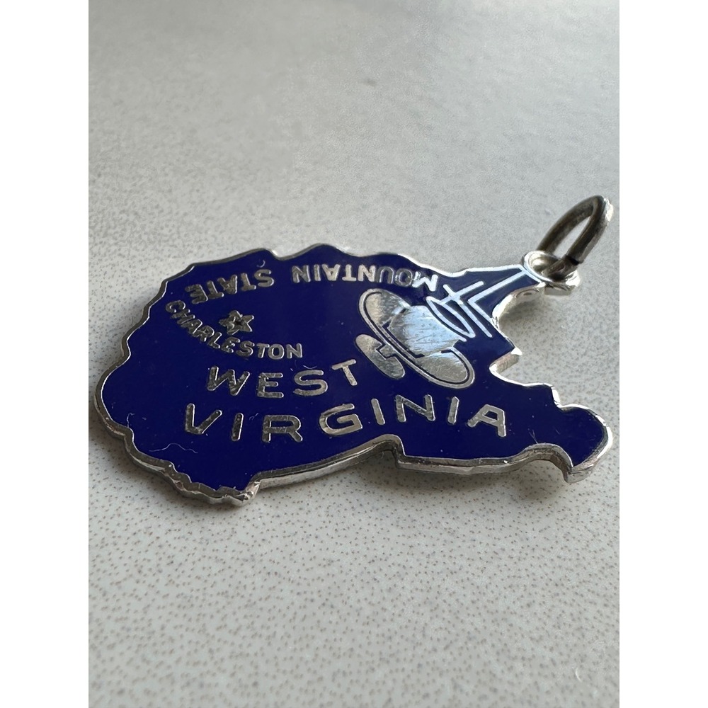 Vintage Sterling Silver West Virginia Mountain State Blue Enamel Travel Charm